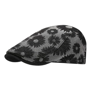 Retro style dark daisy patterned newsboy cap with classic jacquard floral embroidery