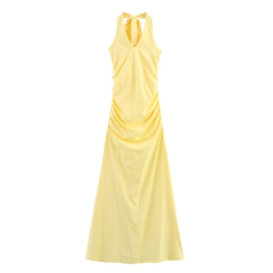 Women's Elegant Yellow Halter Neck Ruched Maxi Dress Sexy Backless Bow Tie Back Slim Fit Party Summer Polyester Long Dress
