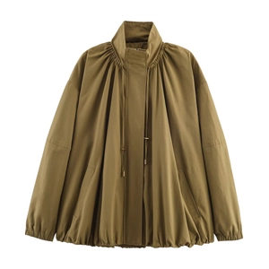 Women's casual olive green bomber jacket with gathered high collar and drawstring detail