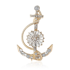 Fashionable gold anchor brooch with steering wheel design and clear rhinestone inlay