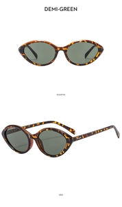 Detailed front and side views of demi-green cat eye sunglasses with metal rivets