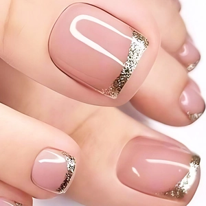 French Style Nude Pink Press-On Toenails With Silver Glitter Tips Square Shape Fashion Foot Accessories For Women
