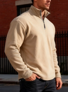 Detail of khaki fleece quarter-zip sweatshirt showing fabric texture and outdoor styling