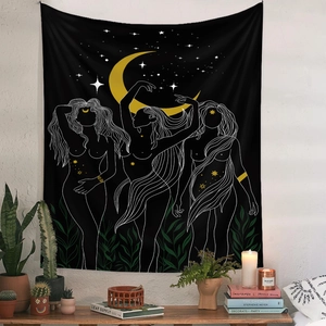 Artistic bohemian tapestry detail featuring feminine silhouettes, golden moon, and stars