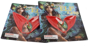 Macro shot of two packs of red latex elf ears in paper card blister packaging for cosplay