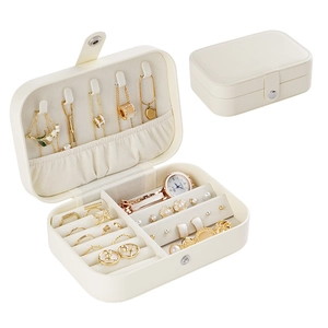 White PU leather jewelry box with double layers for rings, earrings and necklaces