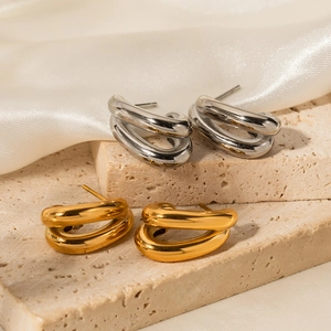 Double-layered 18k stainless steel C-shape geometric stud earrings in gold and silver