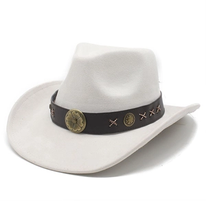 Close-up of white suede cowboy hat with vintage brown belt and floral metal studs