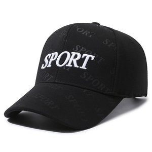 Black baseball cap with 3D white SPORT embroidery and all-over printed pattern for outdoor