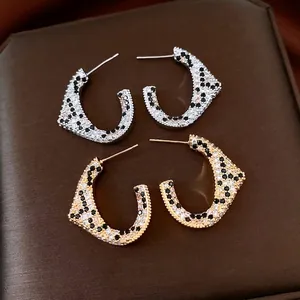 Vintage 18K gold plated C-shaped earrings with pave zircon leopard pattern details
