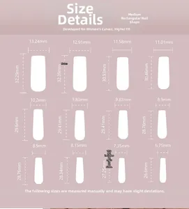 Detailed size chart for medium long square press on nails showing dimensions for 24 pieces