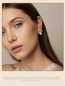 Elegant S925 silver stud earrings with large white pearls and moissanite accents on a model