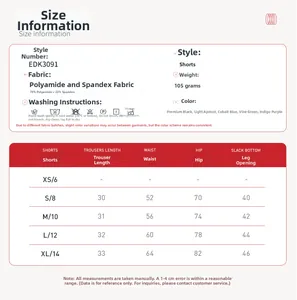 Size chart for high-waisted yoga shorts with fabric details and measurements