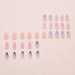 French almond press on nails with macaron colorful tips on soft pink base
