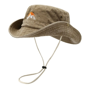 Chapeau de soleil kaki d'extérieur avec broderie de montagne et mentonnière ajustable