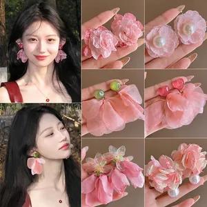 Fabric Flower Artificial Pearl Tassel Drop Earrings With Silver Earring Post Sweet Romantic Beach Holiday Accessories For Women