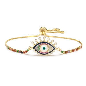 Gold-plated Evil Eye bracelet with multi-color cubic zirconia and adjustable chain link