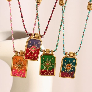 18K gold plated stainless steel sun tarot necklaces with colorful braided cords