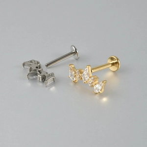 G23 titanium crown flat back labret stud with white zircon butterfly wing design