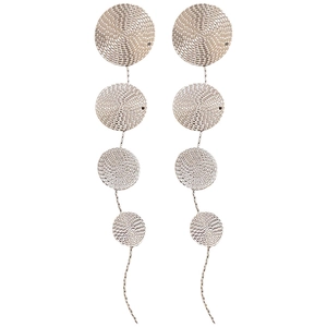 Silver metallic drop earrings with textured round plates and long delicate chains