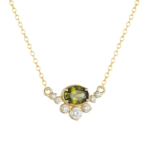 S925 sterling silver gold necklace with oval olive green zircon pendant and white gems
