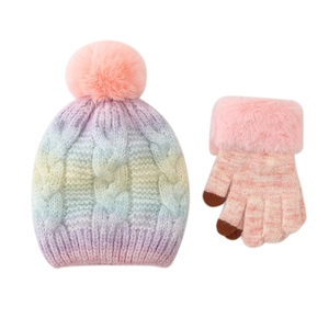Winter kids knit hat and gloves set with gradient rainbow color and pom pom