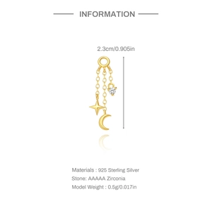 Detail of S925 sterling silver star and moon earrings with AAAAA cubic zirconia stones