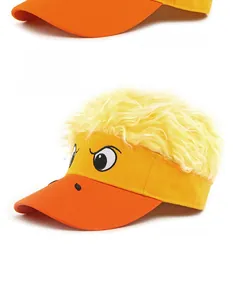 Detail of creative yellow cartoon duck sun visor with fluffy faux hair and embroidery