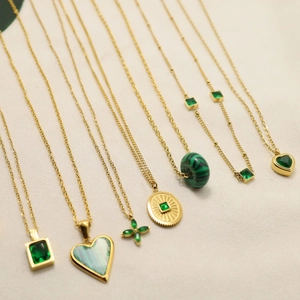 Elegant gold stainless steel necklace set with emerald zircon pendants for women