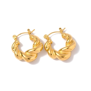 Polished 18k gold plated stainless steel twisted rope hoop earrings on white background