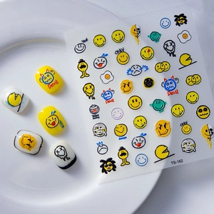 5D waterproof yellow smiley face nail stickers with Pac-Man and devil emoji designs