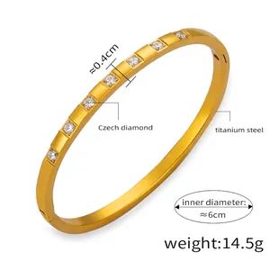 Detailed dimensions of 18k gold plated titanium steel bangle with Czech diamonds