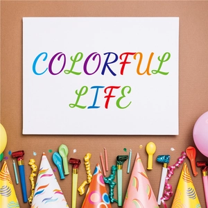 Flat lay of colorful party supplies set with hats and noisemakers on tan background