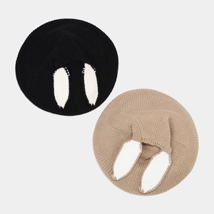 Cute bunny ear knitted beret in black and khaki colors for winter fashion