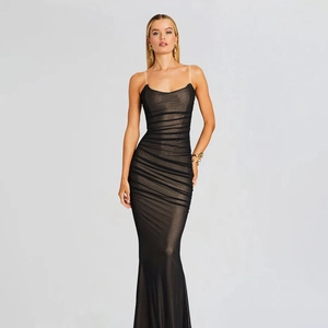 Elegant slim fit mesh evening gown with ruched details and fishtail hemline