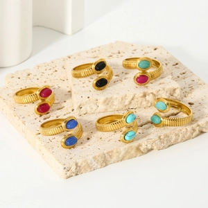 18k gold plated stainless steel open rings with colorful natural stones on stone base