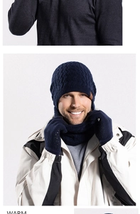 Three-piece winter set with navy knit beanie, neck warmer and gloves for men