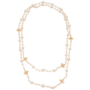Elegant multi-layer pearl necklace with vintage gold cross floral charms and sparkling crystals