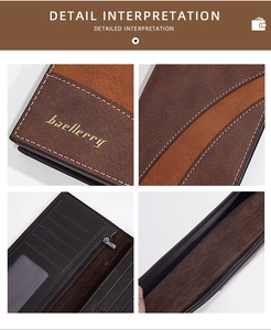 Detail view of leather wallet with card slots, ID window, and zipper compartment