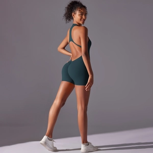 Macro detail of high-stretch seamless yoga bodysuit with open-back athletic design