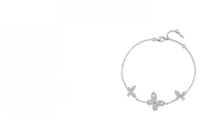 Detailed macro view of S925 silver butterfly bracelet with brilliant heart and arrow cut stones