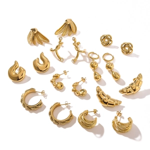 Set of 8 pairs of gold titanium steel hoop and stud earrings in various designs