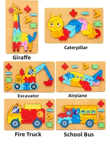 Macro detail of wooden 3D animal and vehicle puzzles with learning numbers 1-10