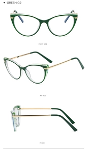 Cat-eye glasses frame in green with golden metal temples from multiple angles
