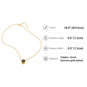 Guide des tailles montrant la chaîne de 43+5cm et le pendentif rond en zircon de 1,2cm