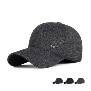 Men Winter Baseball Cap With Foldable Ear Flaps Warm Fleece Lined Thick Polyester Metal Logo Adjustable Outdoor