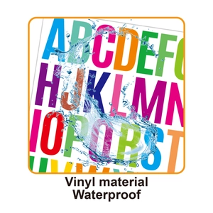 Waterproof vinyl alphabet stickers shown with splashing water to demonstrate durability