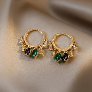 Colorful Cubic Zirconia Hoop Earrings Copper Base Huggie Dangle Tassel Vintage Luxury Jewelry For Women