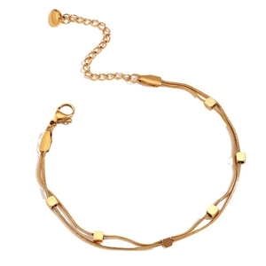 Double-layered 18K gold plated stainless steel snake chain anklet with cube beads