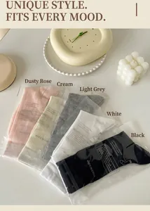 Detail of five assorted pastel slouch socks in professional branded clear packaging